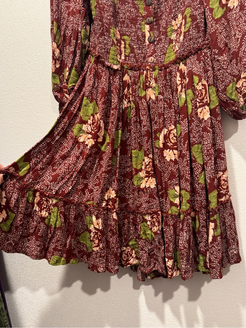 Free People Summer Picnic Mini Dress L Burgundy Floral Open Back - Picture 4 of 8